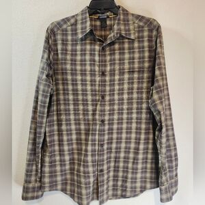 Mens Marmot Brown Cream Plaid Hiking Outdoor Button Down Shirt Size Medium